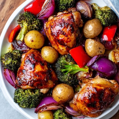 Honey Lemon Roasted Chicken Sheet Pan with golden thighs and colorful roasted vegetables, ready to serve.