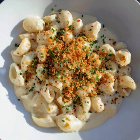 Golden, bubbly stove-top mac and cheese, ready to serve with fresh chives and toasted breadcrumbs.