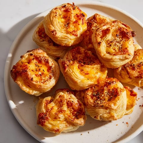 Appetizing close-up of Cheese and Spice Puff Pastry Bites, showing a crispy exterior and bubbly, cheesy filling.