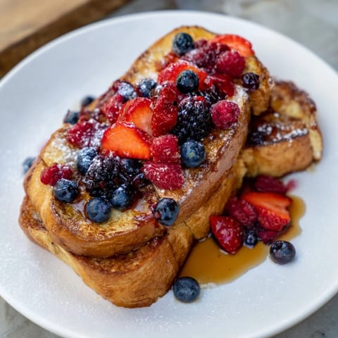 Warm, buttery French toast, topped with fresh berries, offering a sweet and satisfying brunch choice.