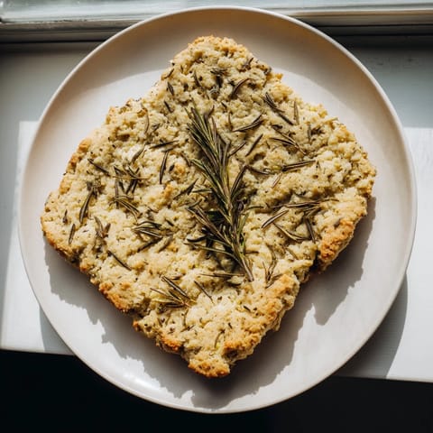 Warm, appetizing Yeast-Free Garlic and Rosemary Bannock Bread with rosemary sprinkled on top, baked beautifully.