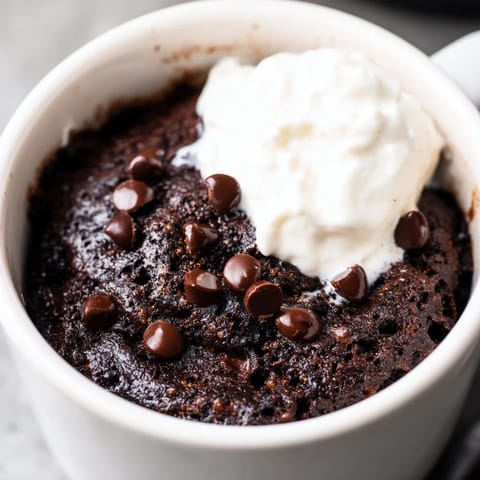 Steaming-hot chocolate mug cake with a rich, dark color served in a ceramic mug, ready to eat.