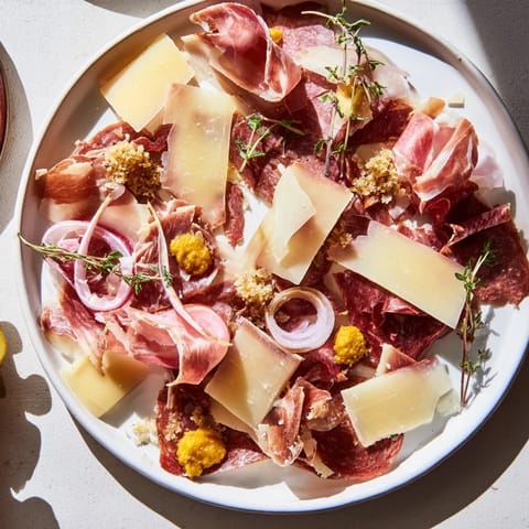 See the savory smoked meats and thinly sliced cheeses on this elegant Burlap & Lace platter, perfect for sharing.