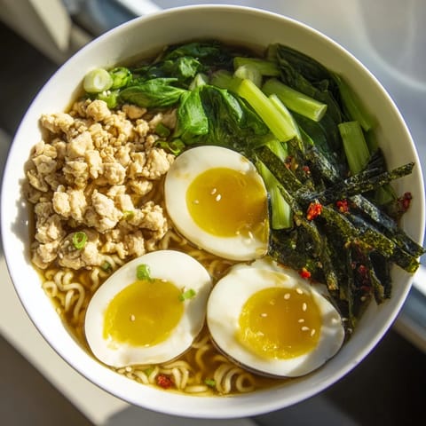 Perfectly cooked chicken ramen, topped with nori and sesame seeds, offering a rich and satisfying Japanese meal.