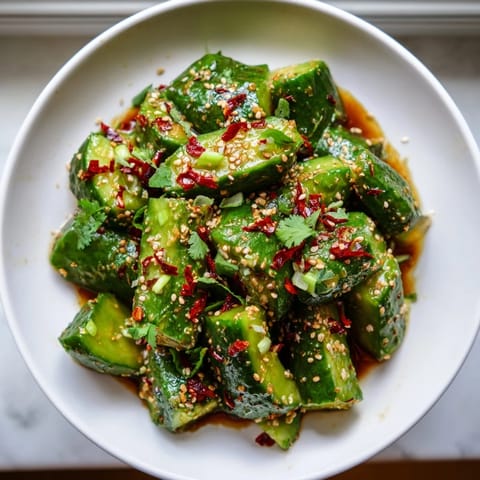 Close up shot of the Chinese Spicy Smashed Cucumber Salad: crunchy cucumbers with a spicy kick.