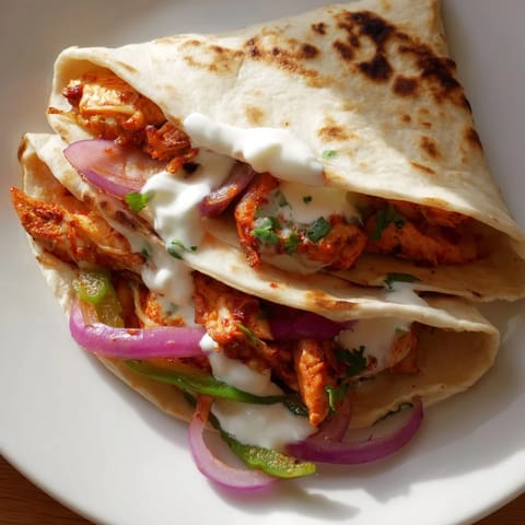 Crispy tortilla wraps hold savory Tandoori Chicken Quesadilla, filled with cheese and vibrant vegetables.