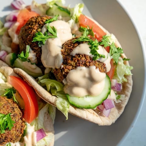 Close-up of a delicious falafel pita pocket, ready to eat, filled with flavorful Middle Eastern ingredients.