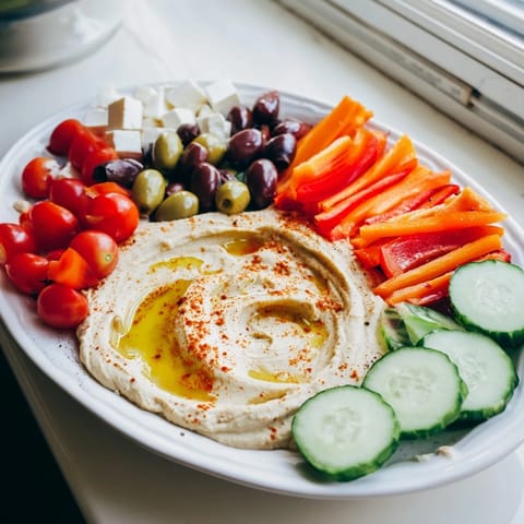 Middle Eastern Mezze Platter arranged with tangy feta, briny olives, and crisp vegetables for sharing.