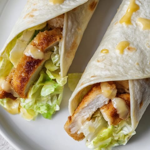 Sliced Honey Mustard Chicken Wrap halves show tender chicken, shredded greens, and a tangy honey-mustard dressing drizzling from the center, perfect for an easy homemade meal.