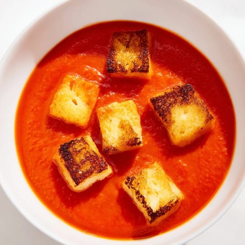 Roasted tomato soup with grilled cheese croutons beside grilled cheese sandwich halves and ripe tomatoes on a wooden table.