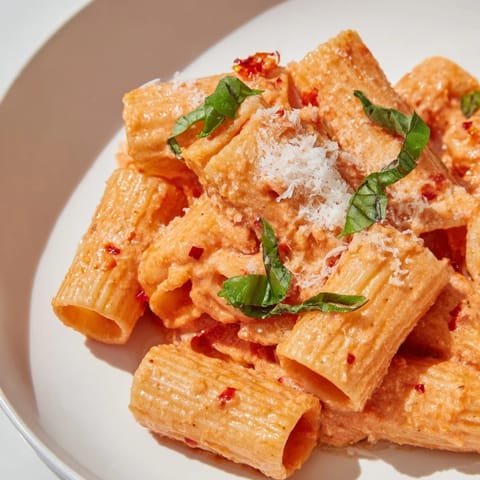 A serving of Spicy Rigatoni Pasta on a white plate, steam rising from the cheesy, mildly spicy sauce.