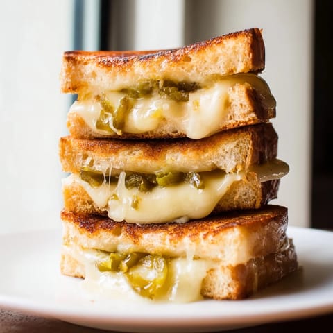 A close-up of a Jalapeño Pepper Jack Grilled Cheese, oozing with spicy, creamy filling and served beside a steaming bowl of tomato soup.  