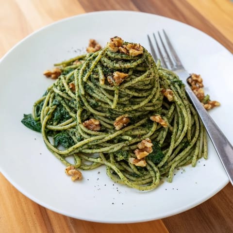 Close-up of Creamy Spinach Walnut Pasta tossed in a rich green spinach sauce, perfect for a quick, healthy vegan dinner.