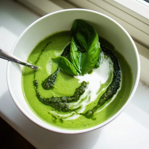 Hearty bowls of Courgette, Pea and Pesto Soup feature pureed zucchini and sweet peas, perfect for a quick, vegetarian spring dinner.