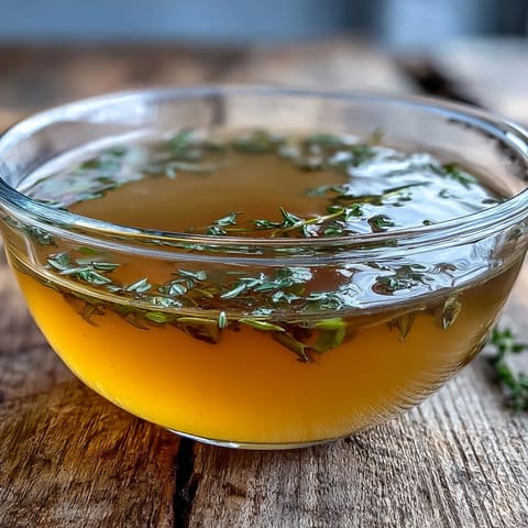 Clear glass jar filled with golden Vegetable Broth From Scraps, surrounded by fresh carrot peels, celery ends, and parsley stems.