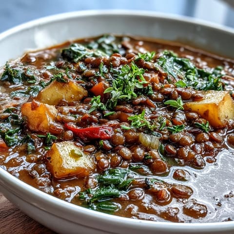 Colorful ladle of Vegetarian Lentil Stew serving a hearty mix of brown lentils, diced vegetables, and wilted spinach, ready to eat.