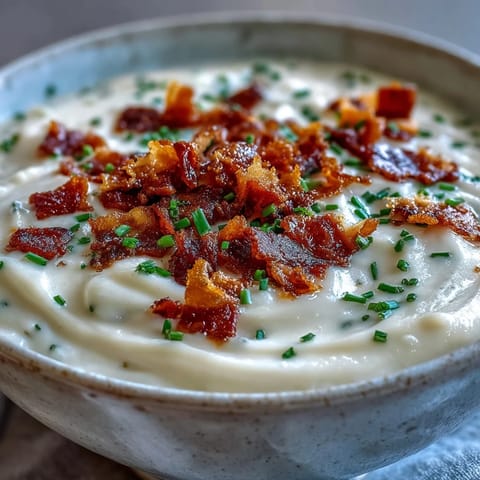 A spoon dips into velvety Creamy Celeriac Soup with Crispy Bacon, steam rising beside a glass of white wine. 