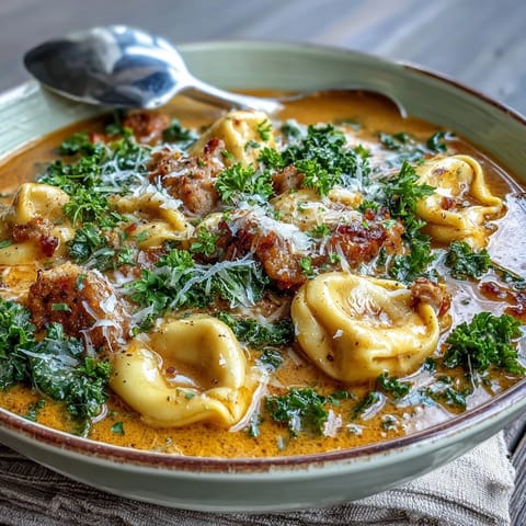 Fall-inspired Pumpkin Tortellini Soup garnished with parsley and Parmesan alongside crusty bread on a wooden table.