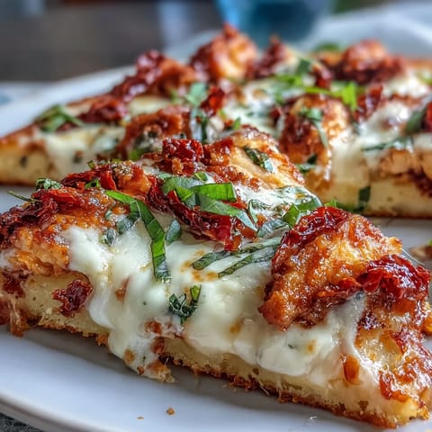 A close-up of Marry Me Chicken Pizza topped with torn fresh basil and a drizzle of rich cream sauce.
