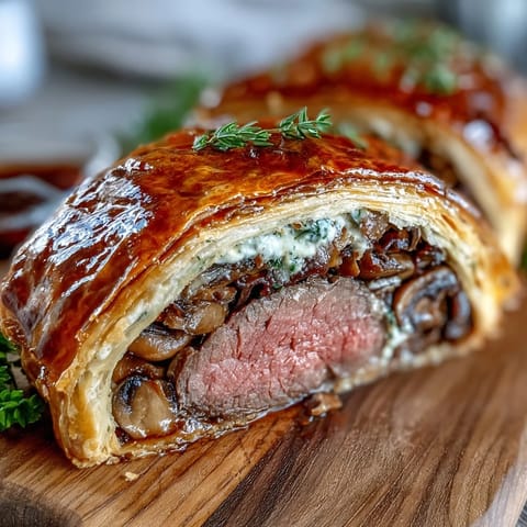 Golden, flaky puff pastry encases tender beef fillet with mushroom duxelles in this Beef Wellington.