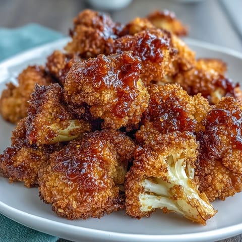 Crunchy Baked Hot Honey Cauliflower florets piled high, showing a crispy crust and drizzled with sweet heat sauce.