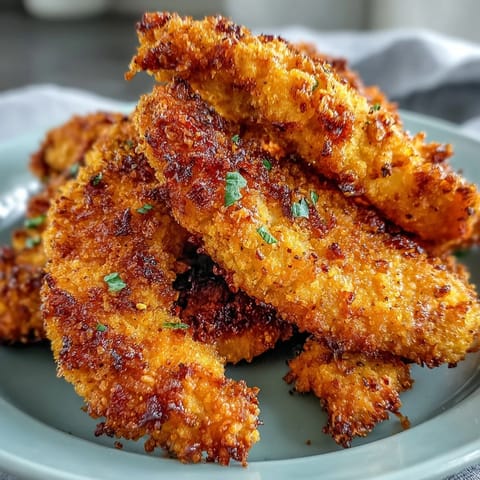 Golden-brown, crispy turmeric chicken tenders resting on a white plate with a side of creamy dipping sauce.