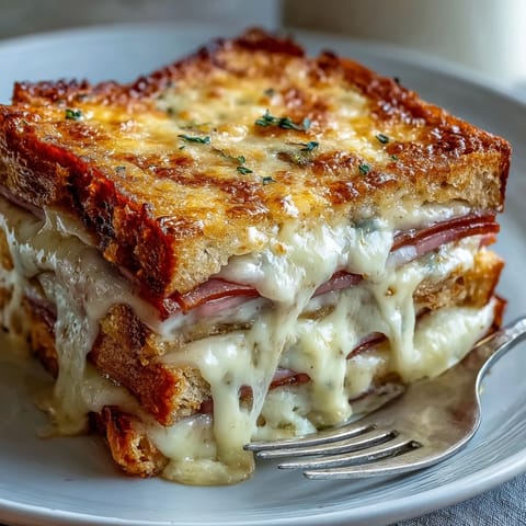 Layers of buttery bread and savory ham soaked in an egg custard for a classic French casserole.