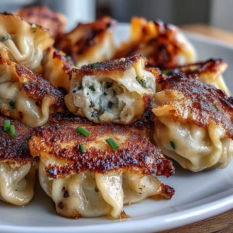 Close-up of one smashed dumpling showing crispy, golden edges and a juicy, flavorful pork filling with scallions.  