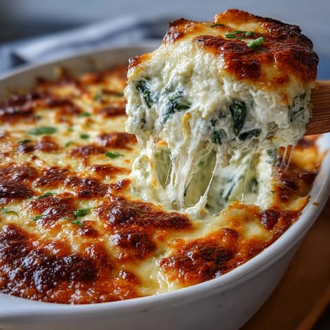 Creamy Spinach Artichoke Dip fresh from the oven, garnished with fresh spinach leaves and a warm, inviting texture perfect for party appetizers.