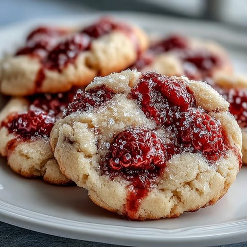 Golden-edged Soft Chewy Raspberry Sugar Cookies rolled in pink sugar crystals beside a glass of cold milk.