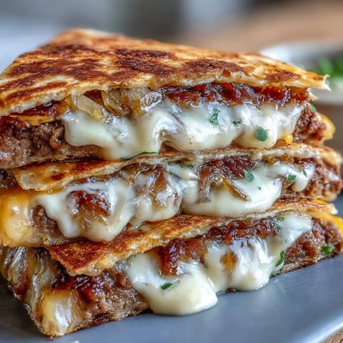 Steam rises from a freshly cut Cheesy Griddled Smashburger Quesadilla, highlighting the crisp tortilla and juicy smashburger interior.
