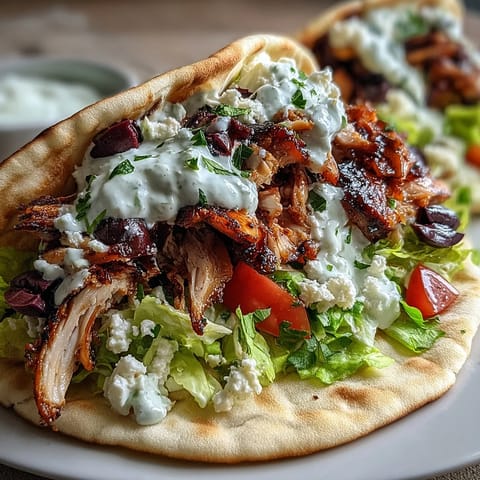 Sizzling marinated chicken thighs topped with creamy feta tzatziki, crisp lettuce, and vibrant tomatoes in a warm pita gyro.