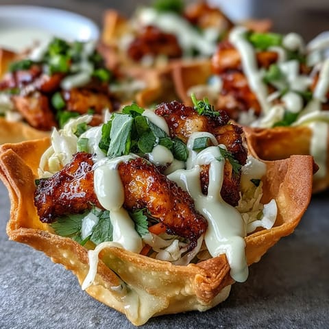 Warm, smoky-spiced chicken rests inside crunchy wonton taco shells, garnished with fresh cilantro and lime wedges for serving.