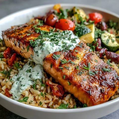 Freshly prepared Mediterranean vegetables and herbs garnish the crispy rice salmon bowl.