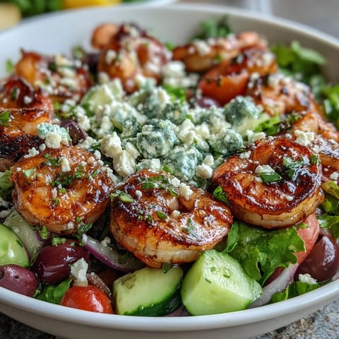 Colorful Greek Shrimp Bowl topped with grilled shrimp, diced cucumber, cherry tomatoes, and zesty dressing.