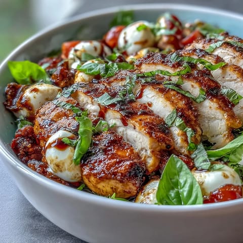 Juicy grilled chicken slices rest on greens with mozzarella and tomatoes in this Caprese Chicken Bowl, drizzled with balsamic glaze.