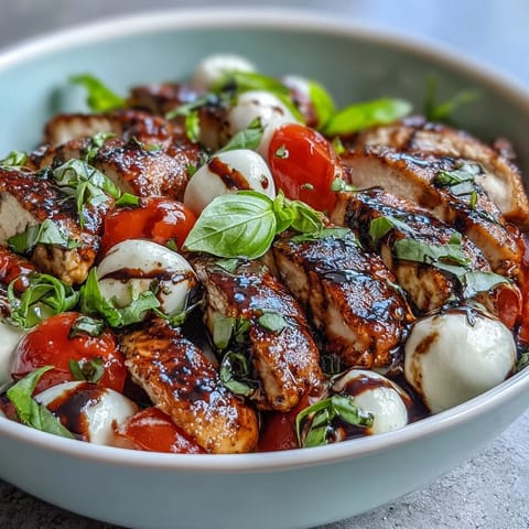 Fresh basil and a tangy balsamic reduction add bright flavor to a served Caprese Chicken Bowl with ripe tomatoes and mozzarella.