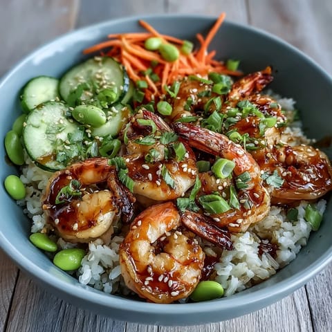 Juicy grilled shrimp for the Asian Shrimp Bowl, served over fluffy jasmine rice with crisp cucumber and carrot ribbons.
