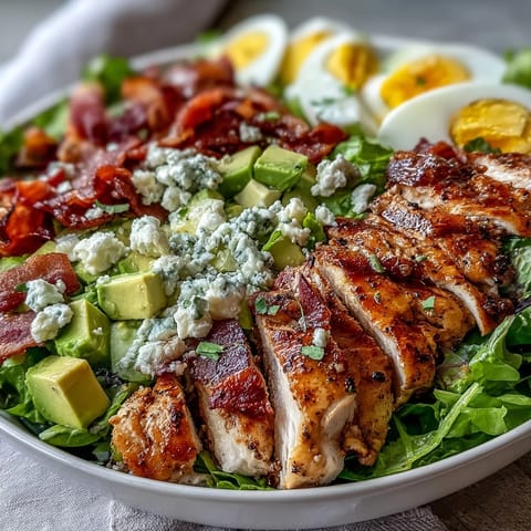Freshly grilled chicken and crispy bacon top a vibrant Cobb Salad Bowl with creamy avocado and blue cheese crumbles.