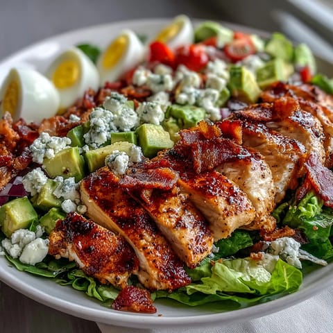 Avocado and egg quarters add creamy texture to a hearty Cobb Salad Bowl, drizzled with cool ranch dressing.