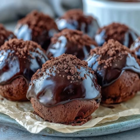 Hojicha Truffles dusted with roasted green tea powder sit on a dark plate, showcasing their rustic, hand-rolled texture.