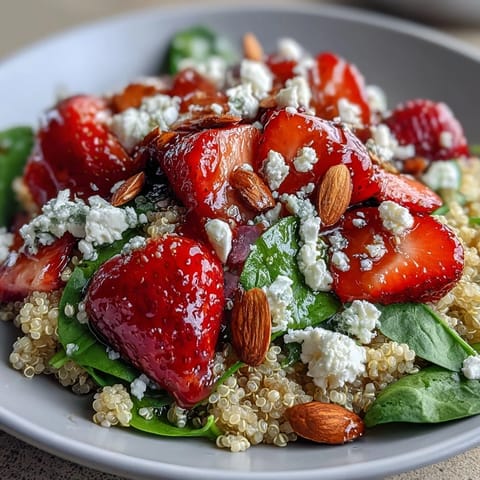 A vibrant spring salad featuring juicy strawberries, creamy feta, and nutty quinoa tossed with a tangy balsamic dressing.