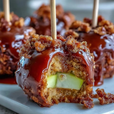 Bite-sized candy apple pieces on toothpick skewers, glossy red coating with green apple slices for a festive party treat.