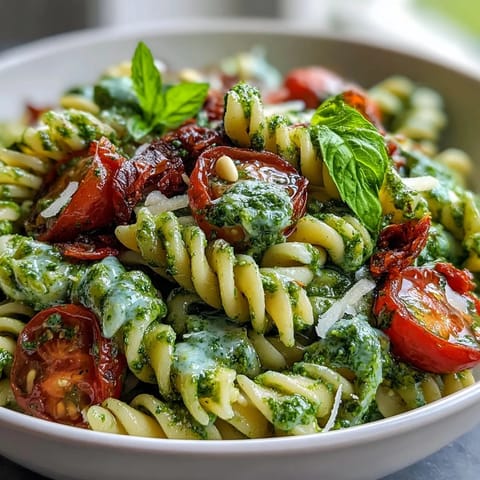 Vibrant Summer Pasta Salad with Pesto and Cherry Tomatoes, fresh basil pesto tossed with al dente pasta and juicy red tomatoes.