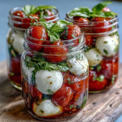 Freshly layered Mason Jar Caprese Salad with cherry tomatoes, mozzarella, and basil in portable glass jars.