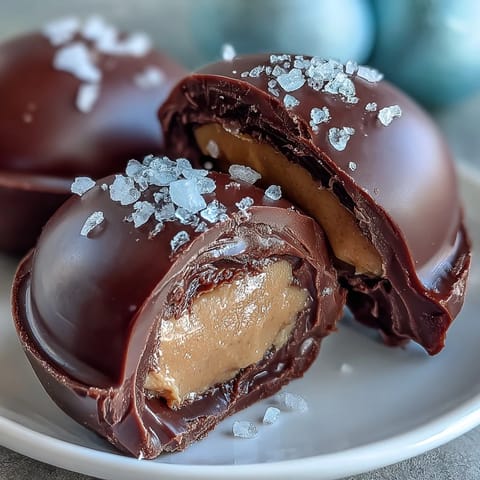 Dark chocolate peanut butter Easter eggs with sea salt, showcasing glossy chocolate coating and a sprinkle of flaky salt on top.