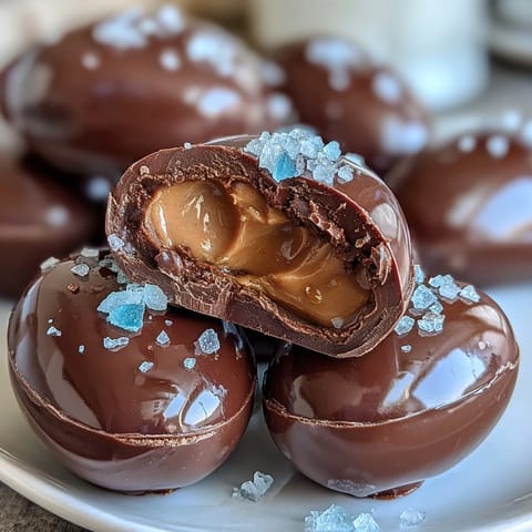 Handmade peanut butter Easter eggs dipped in rich dark chocolate and finished with a delicate dusting of sea salt for a sweet-salty treat.