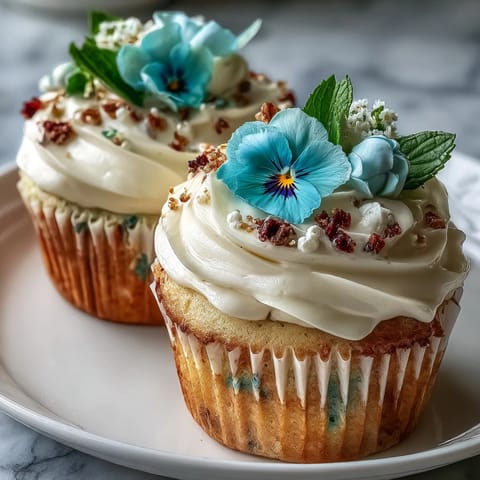 Delicate vanilla cupcakes topped with buttercream frosting and vibrant edible flowers for a fresh spring dessert.  