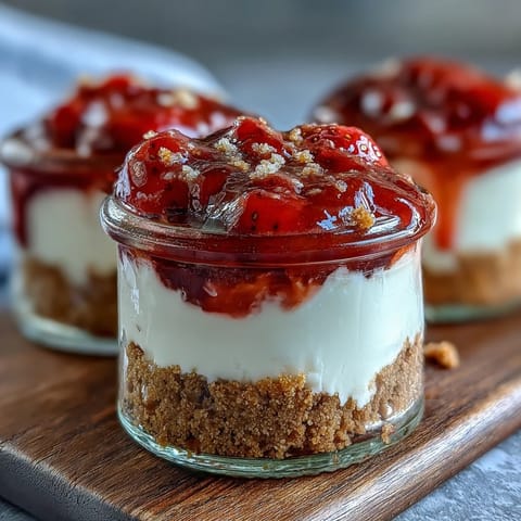 Creamy no-bake strawberry cheesecake jars layered with buttery graham cracker crust and fresh strawberry compote in individual glass servings.