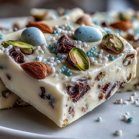 Festive white chocolate Easter bark with pastel candy eggs and crunchy pistachios, perfect for spring celebrations and dessert platters.